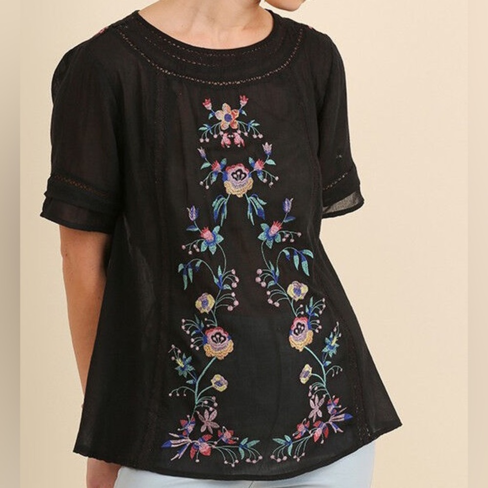 UMGEE Tell The Tale Embroidered Swing Gauzy Top Boho Flowers Floral L